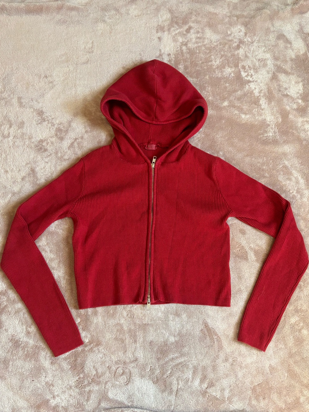 Brandy Melville Red Ribbed Zip Hoodie